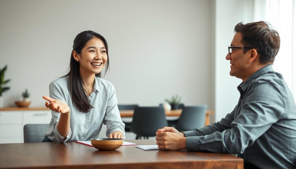 A well-lit, high-resolution photograph of a young, Japanese-looking woman and man seated at a table, engaged in an in-depth discussion. The woman has a warm, friendly expression and is gesturing animatedly, while the man listens intently, a thoughtful look on his face. The background is a modern, minimalist home interior with clean lines and natural lighting, creating a calm, professional atmosphere. The overall mood is one of a considered, thorough hiring process, with both parties actively participating in an important decision.