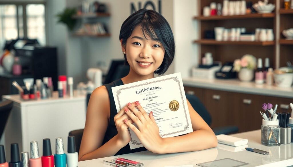 A well-lit, high-resolution photograph of a young, Japanese-looking woman in her 20s, with short black hair, showcasing her professional nail artist certification. She is seated at a nail salon counter, with various nail polish bottles, tools, and other accessories artfully arranged around her. The lighting is soft and natural, highlighting the details of her nails and the certifications she holds. The background is blurred, focusing the viewer's attention on the subject and her credentials.
