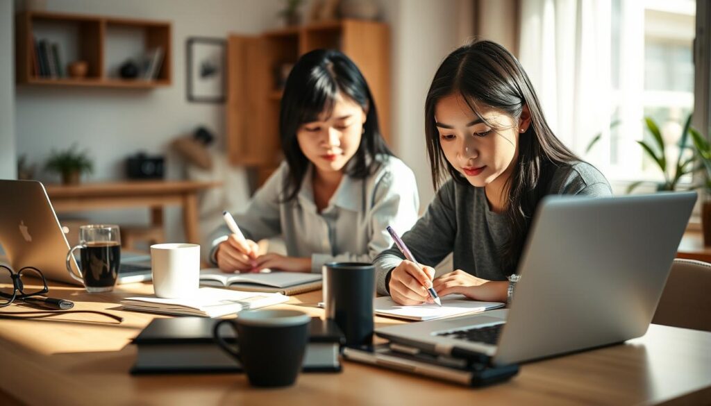 A well-lit, high-resolution photograph of three young, Japanese-looking freelance writers focused on their work. The foreground shows their desks with laptops, coffee mugs, and pens. The middle ground features the writers themselves, all looking serious and intently typing or making notes. The background softly blurs out to reveal a cozy, modern home office space with minimal, tasteful decor. The lighting is natural and warm, creating a contemplative yet productive atmosphere. The overall scene conveys the day-to-day reality of a freelance writer's work life, including the income and skill requirements highlighted in the article section.