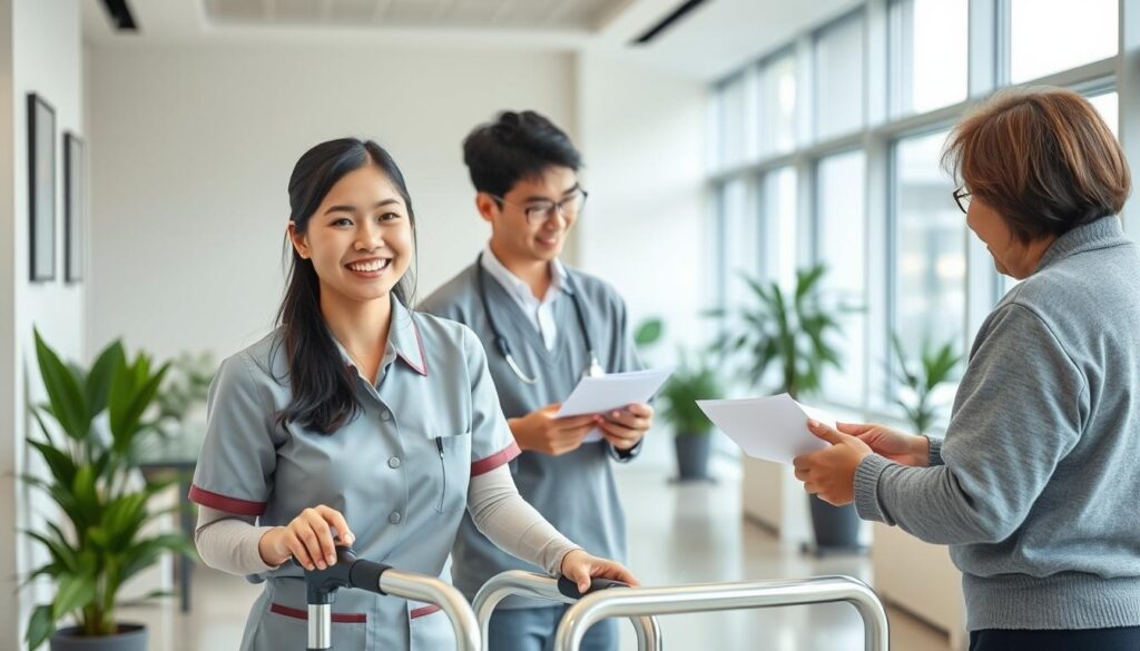 A well-lit, high-resolution photograph of three young Japanese-looking individuals in a modern office setting. The foreground features a female care worker in a professional uniform, with a warm, friendly expression and a caring posture as she assists an elderly man using a walker. The middle ground shows another care worker, a male, reviewing paperwork with a patient. The background depicts a clean, minimalist office environment with potted plants, tasteful decor, and large windows providing natural light. The image conveys a sense of professionalism, dedication, and the rewarding nature of a career in elder care.
