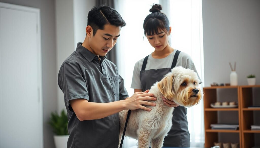 A well-lit, high-resolution photograph of two people, a man and a woman, both with youthful, Japanese-inspired facial features and dark hair, standing in a modern, minimalist interior setting. The man is grooming a dog, demonstrating the practical skills of a professional dog groomer, while the woman observes, capturing the benefits and challenges of the occupation. The scene is imbued with a sense of calm and focus, showcasing the meticulous attention to detail required in this profession.