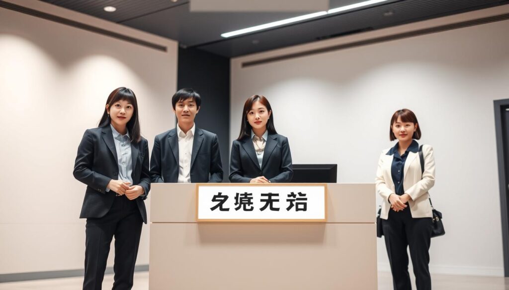 A well-lit, high-resolution, photorealistic image of a group of young, Japanese-looking people standing in a formal, professional setting, with a focus on the key requirements and qualifications for becoming a bus tour guide. The foreground features three people in business attire - a man and two women - standing confidently and looking directly at the camera. The middle ground shows a desk or counter with a sign or placard displaying the text "バスガイド資格条件" in clear Japanese characters. The background is a clean, minimalist office or government building interior, with subtle lighting and a sense of authority and professionalism. The overall mood is one of competence, attention to detail, and a commitment to providing high-quality bus tour services.