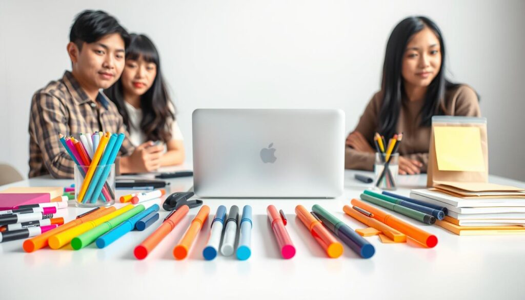 A well-lit, high-resolution, photorealistic image showcasing an assortment of contemporary facilitation tools arranged on a clean, minimalist table. In the foreground, a variety of colored markers, sticky notes, and whiteboard markers are meticulously displayed. In the middle ground, a tablet and stylus sit alongside a sleek, modern laptop. The background features a soft, blurred backdrop, allowing the tools to take center stage. The models depicted are young, Japanese-looking individuals with black hair, who appear engaged and focused on the facilitation tools before them, conveying a sense of professionalism and expertise.