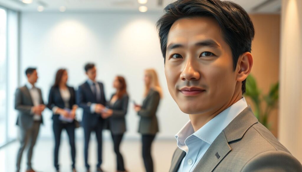 A well-lit, high-resolution portrait of a young, confident Japanese-looking general manager leading a team of professionals. The manager stands in the foreground, making eye contact with the viewer, exuding a sense of authority and decisive leadership. The middle ground features the manager's team, collaborating and exchanging ideas, demonstrating effective communication and teamwork. The background showcases a modern, minimalist office setting, conveying a professional and innovative atmosphere. The scene is captured with a shallow depth of field, focusing the viewer's attention on the manager's poised and composed demeanor, exemplifying the key traits of a successful GM.