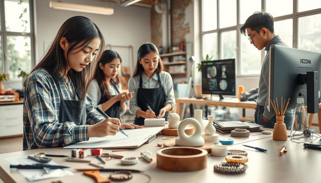 A well-lit, high-resolution scene depicting a team of young, Japanese-looking jewelry designers collaborating on their latest project. The foreground shows one designer intently sketching ideas on a drawing pad, surrounded by various jewelry-making tools and materials. In the middle ground, another designer is meticulously sculpting a wax model, while a third designer reviews 3D computer renderings on a large monitor. The background features a spacious, modern studio workspace with large windows allowing natural light to stream in, creating a warm, productive atmosphere.