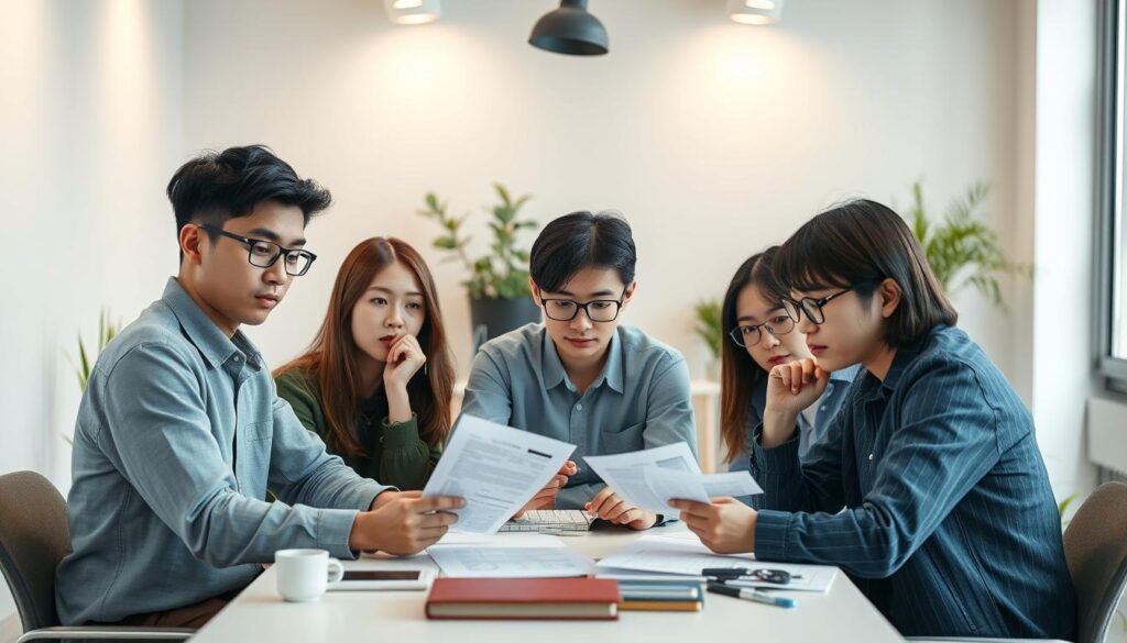 A well-lit, high-resolution studio scene depicting a group of young, Japanese-looking writers in a thoughtful, analytical pose. The writers are seated around a table, examining financial data and documents. Soft, diffused lighting from multiple angles creates depth and highlights the writers' expressions of concentration. The background is clean and minimalist, with a few potted plants and simple decor elements to create a professional, office-like atmosphere. The scene conveys a sense of serious contemplation and detailed financial analysis, relevant to the topic of "Scenario Writer Salary Analysis".