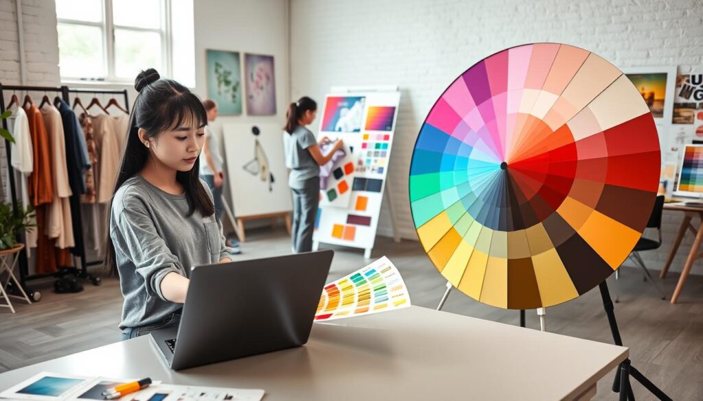 A well-lit, high-resolution studio scene depicting the diverse work routines of color coordinators. In the foreground, a young Japanese woman in casual attire sits at a desk, reviewing color swatches and mood boards on a laptop. In the middle ground, another coordinator stands before a large color wheel, deep in contemplation. The background showcases a variety of workspaces - a fashion designer drafting garments, an interior decorator arranging furniture, and a graphic artist manipulating digital palettes. The scene conveys the dynamic, multifaceted nature of the color coordinator's profession, with a sense of focus, creativity, and thoughtful consideration of hues and their applications.