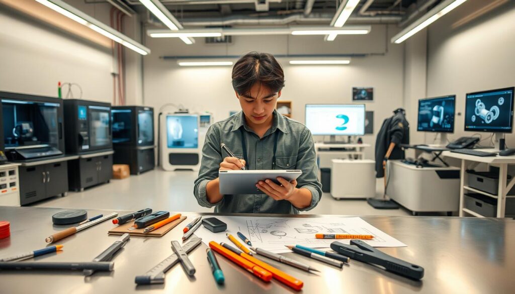 A well-lit industrial design studio, featuring a clean, minimalist workspace. In the foreground, an assortment of precision tools and instruments, including calipers, protractors, and drafting pens, neatly arranged on a sleek metal workbench. In the middle ground, a young, dark-haired Japanese designer, wearing a casual yet professional attire, intently sketching designs on a digital tablet, their face expressing deep focus and creativity. The background showcases the latest cutting-edge technology, such as 3D printers, CNC machines, and computer screens displaying 3D models and CAD software interfaces, all bathed in a warm, ambient lighting that creates a sense of calm productivity.