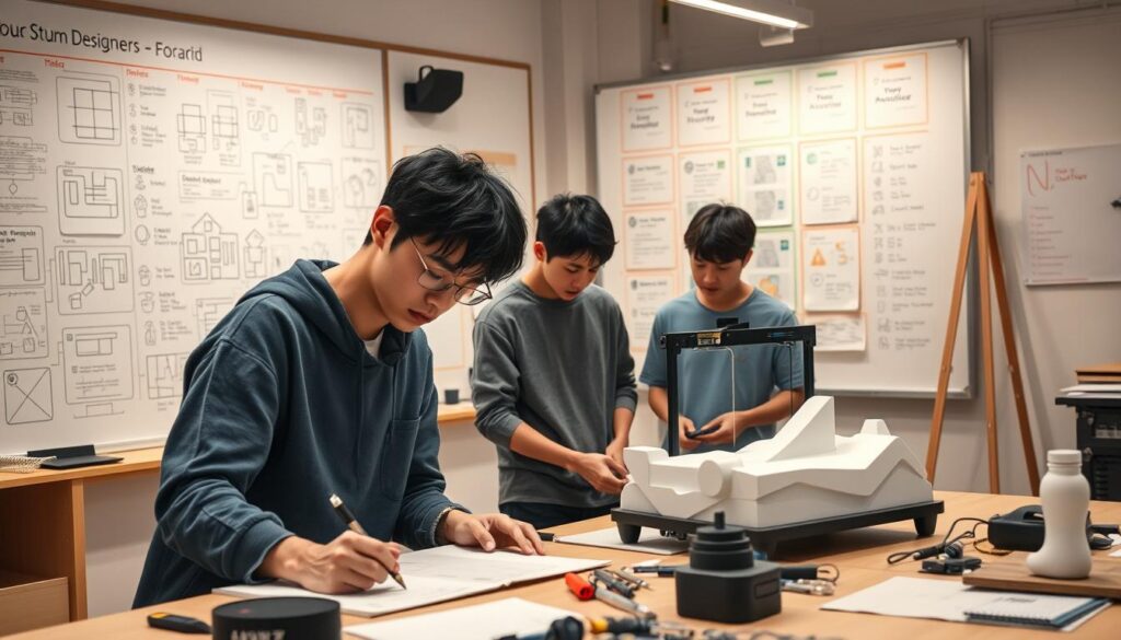 A well-lit industrial design studio, with young Japanese-looking models focused on their studies. In the foreground, a student sketches intently on a drawing pad, surrounded by tools and materials. In the middle ground, two students collaborate on a 3D-printed model, engrossed in their work. The background features a large whiteboard filled with technical diagrams, inspirational mood boards, and workflow charts, conveying the educational path of an industrial designer. Soft, warm lighting illuminates the scene, creating a contemplative and productive atmosphere.
