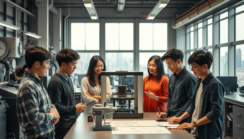 A well-lit industrial setting, with sleek, modern machinery and equipment lining the walls. In the foreground, a group of young, Japanese-looking industrial designers collaborating on a project, their faces focused and determined. They stand around a central workbench, sketching designs and discussing ideas animatedly. The middle ground features a large 3D printer, its mechanisms whirring as it builds a prototype. In the background, large windows offer a view of the city skyline, hinting at the diverse industries and companies these designers might work for. The atmosphere is one of creativity, innovation, and the boundless potential of industrial design.