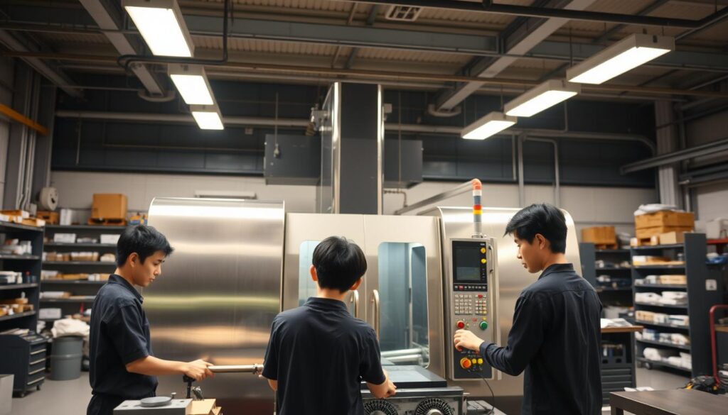 A well-lit industrial workshop with a large, modern CNC milling machine prominently featured in the center. The machine's shiny metal exterior gleams under the bright overhead lighting. Around it, several young Japanese workers, with dark hair and serious expressions, carefully operate the machine's controls and inspect the workpieces. The background shows a neatly organized workspace, with shelves of tools and materials lining the walls. The overall atmosphere conveys a sense of precision, efficiency, and technical expertise at play in this skilled manufacturing environment.