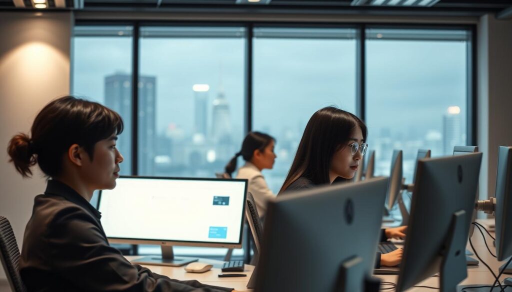 A well-lit interior scene of a modern office space, with young Japanese-looking individuals seated at their desks, intently focused on their computer screens. Soft, directional lighting illuminates the scene, creating a sense of professionalism and attention to detail. The workstations are organized and clutter-free, with sleek, minimalist design elements. In the background, a large window provides a view of a bustling city skyline, reinforcing the corporate setting. The overall mood is one of productivity, security, and technological sophistication, reflecting the importance of cybersecurity measures in a professional job search platform.