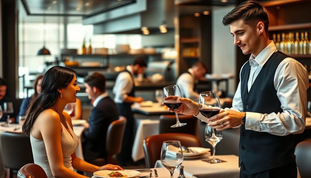 A well-lit interior scene showcasing the diverse career paths available to skilled sommeliers. In the foreground, a young sommelier in a crisp white shirt and black vest presents a fine wine to a sophisticated-looking couple at an upscale restaurant table. In the middle ground, another sommelier advises a group of diners, guiding them through the wine list. The background reveals a bustling kitchen, with chefs meticulously preparing gourmet dishes to complement the expertly curated wine selection. The scene exudes an atmosphere of refined elegance, highlighting the sommelier's pivotal role in enhancing the dining experience.