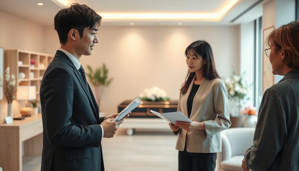 A well-lit interior setting featuring a modern, minimalist funeral home. In the foreground, a young, professional-looking Japanese funeral director, dressed in a dark suit, is discussing financial details with a family member. The middle ground showcases various funeral-related items, such as a casket and floral arrangements, while the background depicts a serene, calming atmosphere with soft lighting and muted colors. The scene conveys a sense of professionalism, empathy, and the organized yet compassionate nature of the funeral industry. The image aims to illustrate the average annual income and compensation structure of a Japanese funeral director.