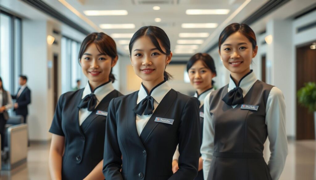 A well-lit interior setting showcasing a group of young, professional-looking Japanese flight attendants in formal attire. The foreground features three models standing confidently, exuding poise and a welcoming demeanor. The middle ground highlights their immaculate grooming, impeccable uniforms, and subtle yet elegant accessories. The background subtly suggests an airport or airline lounge environment, with clean lines and minimalist decor. The overall mood conveys a sense of excellence, precision, and customer-focused service, reflecting the high standards of the airline industry's cabin crew recruitment process.