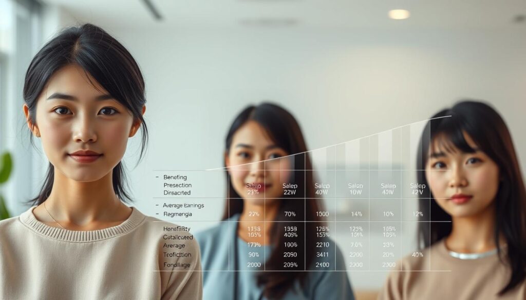A well-lit, meticulously composed image showcasing the salary structure of home care workers. In the foreground, three young Japanese-looking models, their faces captured in realistic detail, stand in a clean, modern office setting. The middle ground features a detailed graph or chart illustrating the various pay grades, benefits, and average earnings for this profession. The background depicts a serene, minimalist environment, hinting at the calm and nurturing nature of the home care industry. The overall mood is one of professionalism, clarity, and attention to the financial aspects of this important caregiving role.