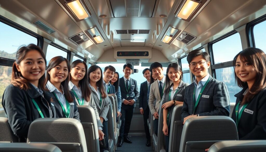 A well-lit, modern bus interior with a group of young, Japanese-looking guides standing at the front, their professional attire and welcoming demeanor conveying a sense of efficiency and hospitality. The middle-ground features comfortable passenger seating, while the background showcases the scenic views outside the large windows, hinting at the diverse destinations the guides are tasked with navigating. The overall atmosphere is one of a dynamic, collaborative workplace where the guides work together to provide a seamless and enjoyable travel experience for their passengers.