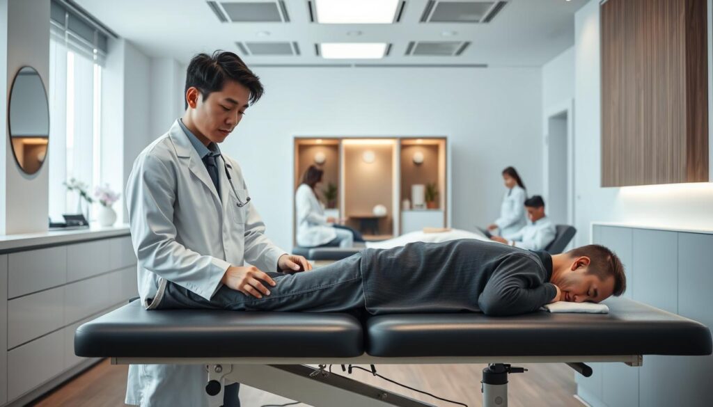 A well-lit, modern chiropractic clinic with sleek, minimalist decor. In the foreground, a young Japanese-looking chiropractor in a white lab coat examines a patient on an adjustable treatment table, their faces displaying calm and focus. In the middle ground, other chiropractors consult with patients in private treatment rooms, the atmosphere serene and professional. The background showcases a reception area with a clean, polished aesthetic, patients waiting patiently. Soft, diffused lighting creates a soothing ambiance, conveying a sense of care and expertise within this contemporary workplace.