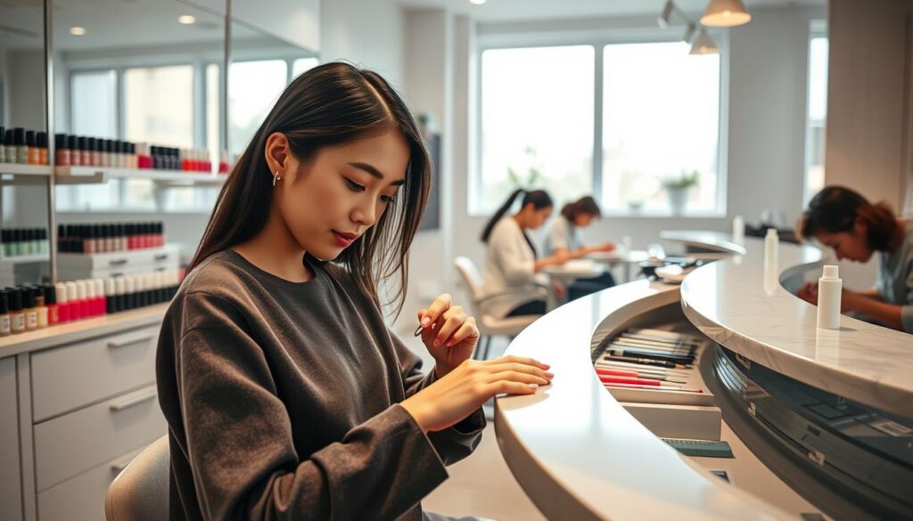 A well-lit, modern nail salon with a sleek, minimalist aesthetic. In the foreground, a young, Japanese-looking nail artist meticulously applies polish to a client's nails, her focus intense. The middle ground features rows of nail polish bottles, manicure tools, and a curved, marble-topped counter. In the background, other nail artists work diligently, their nimble fingers shaping and buffing nails. Soft, natural light filters in through large windows, casting a warm glow over the scene. The atmosphere is one of calm professionalism, as the skilled technicians create beautiful, personalized nail designs for their discerning clientele.