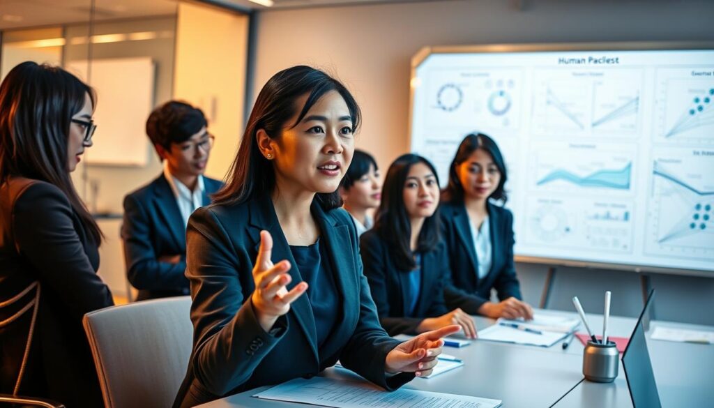 A well-lit modern office setting, with a team of young, professional-looking Japanese individuals gathered around a conference table, deep in discussion. The lighting is warm and natural, casting a calm, focused atmosphere. In the foreground, a woman in a business suit gestures expressively as she explains something to her colleagues, her face filled with intensity and concentration. The middle ground features a mix of attentive faces, taking notes and offering thoughtful responses. In the background, a large whiteboard displays complex diagrams and data visualizations, hinting at the technical, analytical nature of the work. The overall scene conveys the collaborative, problem-solving nature of a human resources consulting engagement.