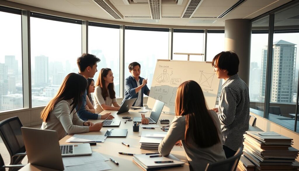 A well-lit, modern office space with large windows overlooking a cityscape. A team of young, Japanese-looking creative professionals collaborate intently around a long conference table, their faces focused as they discuss and sketch ideas on a large whiteboard. The lighting is soft and warm, creating a productive yet calm atmosphere. One person, the creative director, stands at the head of the table, gesturing animatedly as they guide the discussion. The room is filled with the tools of their trade - laptops, tablets, markers, and stacks of paper. This scene captures the dynamic energy and collaborative nature of a creative director's daily work life.
