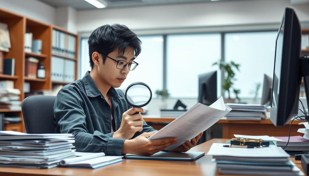 A well-lit office scene depicting the work of a professional proofreader. In the foreground, a focused young Japanese person in casual attire sits at a desk, intently studying documents with a magnifying glass. In the middle ground, stacks of papers, reference books, and a computer monitor suggest the meticulous nature of their work. The background features a bookshelf and other office furnishings, conveying a sense of scholarly atmosphere. The lighting is soft and balanced, highlighting the seriousness and attention to detail required for this profession. The overall mood is one of quiet concentration and intellectual engagement.