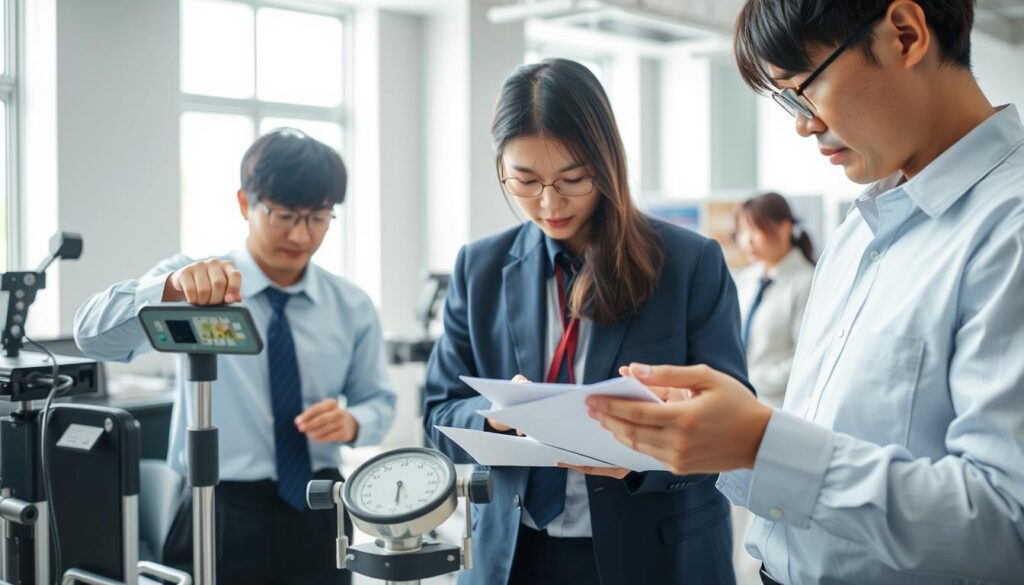 A well-lit office setting, showcasing a team of young, Japanese-looking professionals diligently carrying out the tasks of a weights and measures inspector. In the foreground, a person carefully calibrates a scale, their face concentrating on the meticulous work. In the middle ground, another inspector reviews documentation, verifying measurements with a keen eye. The background reveals additional equipment and tools used in the inspection process, creating an atmosphere of precision and attention to detail. Soft, natural lighting filters through the windows, lending a sense of professionalism and competence to the scene.