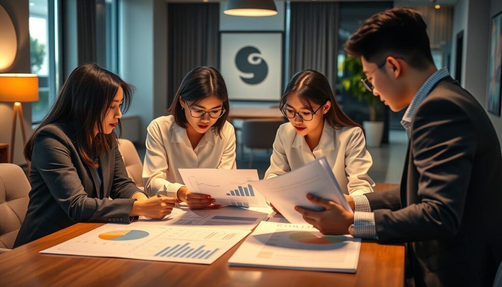 A well-lit office setting, showcasing a team of young, professional-looking Japanese-inspired individuals discussing financial reports and charts on a large table. Soft, warm lighting illuminates their focused expressions as they pore over data, illustrating the intricate nature of a fundraiser's work and the analytical skills required. The background features modern, sleek furniture and décor, creating an atmosphere of productivity and diligence. The composition captures the essence of the fundraiser's role, with a balanced, visually appealing arrangement that highlights the subject matter.