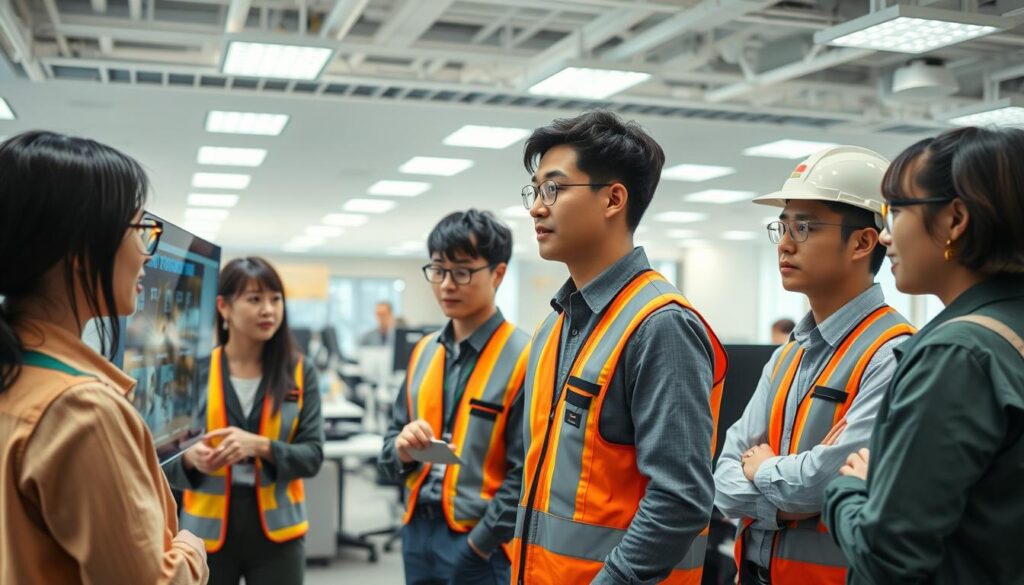 A well-lit office setting with a group of young Japanese-looking professionals discussing workplace safety protocols. In the foreground, a team leader points to a digital display, explaining safety signage and evacuation procedures. In the middle ground, colleagues review safety equipment and personal protective gear. The background showcases a clean, modern office space with ergonomic workstations and safety-focused design elements. The lighting is bright and even, capturing the serious yet collaborative atmosphere as they address critical occupational health and safety guidelines.