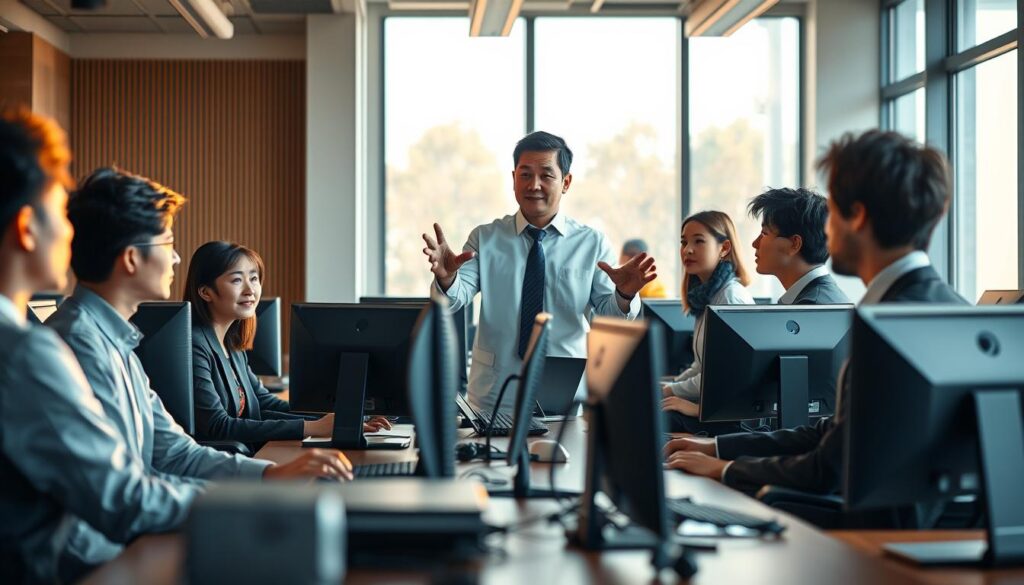 A well-lit office setting with a group of young, Japanese-looking professionals seated at desks, focused on their computer screens. In the foreground, a centralized figure stands, gesturing with authority as they explain job requirements to the attentive team. Warm, natural lighting filters through large windows, casting a professional, serious atmosphere. The scene conveys a sense of organization, expertise, and dedication to the dispatcher's role and qualifications.