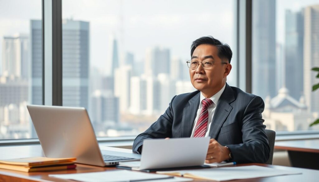 A well-lit office setting, with a middle-aged Japanese man sitting at a desk, deep in thought. He wears a crisp suit and tie, exuding an air of professionalism. In the foreground, various documents and a laptop suggest he is preparing for a career transition. The background features a large window overlooking a bustling city skyline, hinting at the opportunities that await. The lighting is soft and natural, creating a contemplative atmosphere as the man ponders his next steps towards becoming a management consultant.