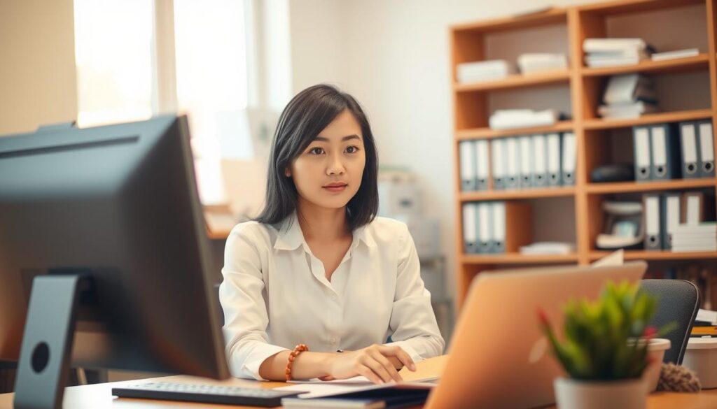 A well-lit office setting, with a young Japanese-looking social worker sitting at a desk, focused intently on her computer screen. The room is filled with warm, natural lighting, creating a serene and professional atmosphere. In the background, shelves of files and books suggest the administrative responsibilities of the role. The social worker's expression conveys a sense of dedication and diligence, reflecting the important work they do to support their clients. The scene captures the essence of a case worker's daily tasks and the skills required, such as attention to detail, problem-solving, and empathy.