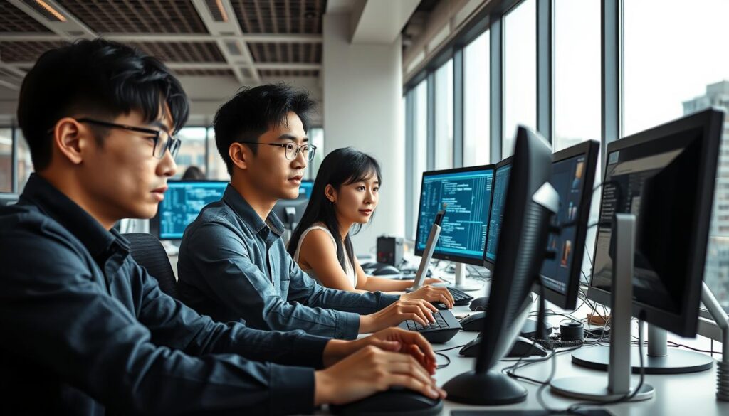 A well-lit office setting with three young, professional-looking Japanese individuals focused on their computer screens, surrounded by modern technology. The foreground depicts a mid-shot of the three engineers, with their faces in the center of the frame, showcasing their concentration and dedication. The middle ground includes various desk accessories, such as keyboards, mice, and office supplies, creating a sense of a busy, productive workspace. The background features a large window overlooking a cityscape, providing a sense of scale and context. The overall scene conveys the dynamic and tech-savvy nature of a system engineer's work, with a focus on the individuals and their work environment.