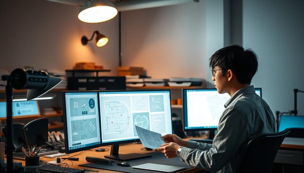 A well-lit office space, with a young Japanese-looking designer intently studying lighting schematics on a large computer monitor. Meticulously organized workstations surround them, filled with an array of lighting equipment, tools, and sample materials. Ambient lighting casts a warm, focused glow, complementing the designer's concentration as they make notes and adjustments to the digital plans. In the background, a wall-mounted lighting fixture casts dynamic shadows, hinting at the designer's creative process. The overall scene conveys the technical expertise and attention to detail required in the daily work of a professional lighting designer.