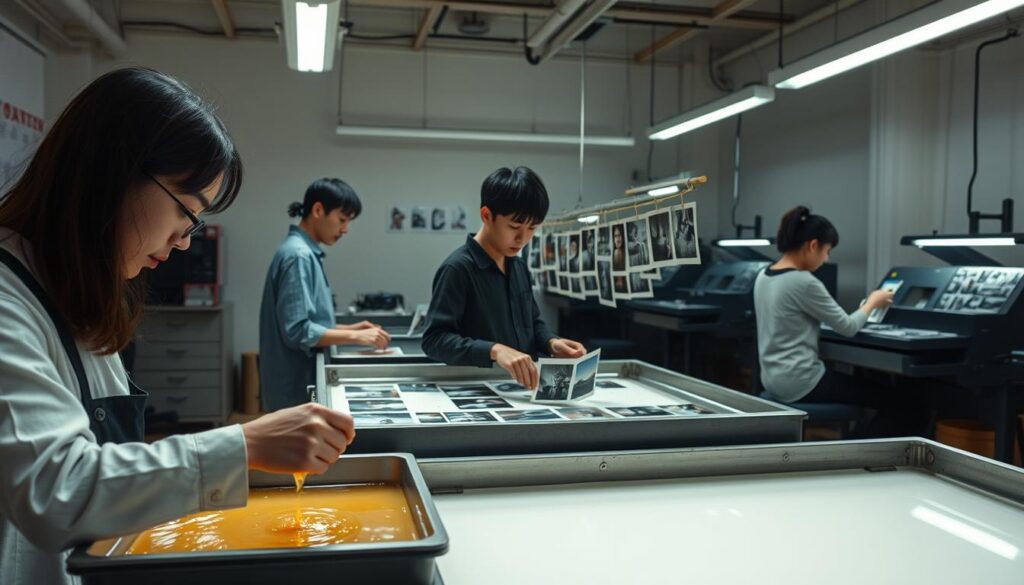 A well-lit photography studio interior, with a team of skilled young Japanese-looking photo developers intently focused on their work. In the foreground, a developer meticulously agitates a tray of developing solution, carefully monitoring the process. In the middle ground, another developer carefully hangs freshly printed photographs to dry, their movements precise and practiced. In the background, additional developers work at enlargers and other analog photo equipment, creating a serene, technical atmosphere. Soft, even lighting illuminates the scene, highlighting the concentration and dedication of the photo development team as they bring captured moments to life.