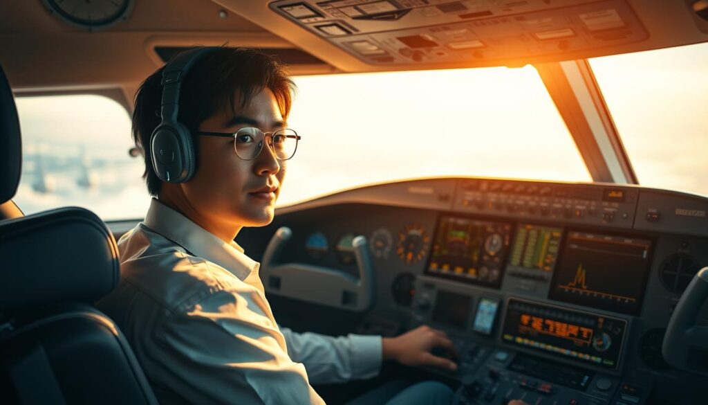 A well-lit, photorealistic interior of a commercial airliner cockpit. The pilot's station is the focal point, with a panoramic windshield offering a sweeping view of the skies. The pilot, a young Japanese man with a focused expression, sits at the controls, surrounded by an array of complex instrumentation and displays. Warm, indirect lighting creates a sense of diligence and professionalism. The cockpit layout is meticulously detailed, showcasing the precise and ergonomic design catered to the pilot's needs. An immersive atmosphere of concentration and technical mastery pervades the scene, reflecting the demanding nature of the pilot's work environment.