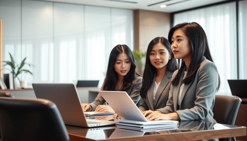 A well-lit, photorealistic interior scene depicting three young Japanese women in smart casual attire, all with black hair, sitting at a desk in an upscale office space. The women are engaged in professional discussions, with laptops and documents on the desk. The scene conveys a sense of productivity and prosperity, reflecting the successful and lucrative nature of the esthetician profession. The lighting is natural and soft, creating a warm and inviting atmosphere. The perspective is from a slightly elevated angle, allowing the viewer to observe the women at work.
