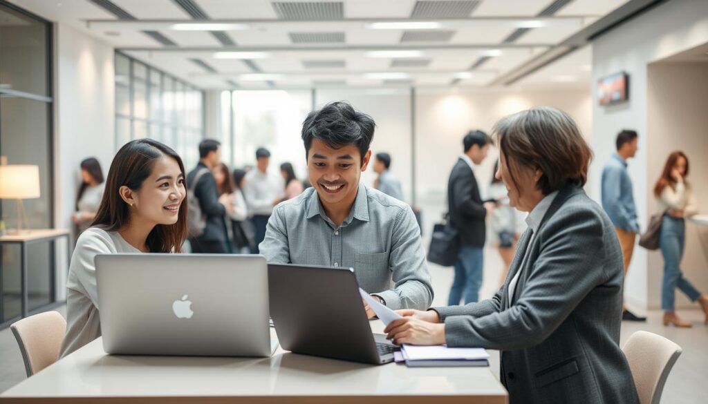 A well-lit, photorealistic scene depicting a group of young, Japanese-looking individuals of various ages, standing or sitting in an office setting. The foreground features three professionals - a woman in her 20s, a man in his 30s, and an older woman in her 50s - engaged in a lively discussion around a table, with laptops and documents in front of them. The middle ground shows a diverse array of other job seekers and career counselors interacting and navigating the space. The background features the modern, minimalist decor of an online job platform headquarters, with clean lines, large windows, and a subtle company logo visible. The overall atmosphere conveys a sense of collaboration, guidance, and the strategic use of digital resources for career transitions across different life stages.