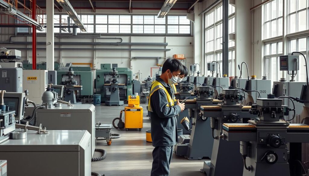 A well-lit, photorealistic scene of a modern vocational training center for milling machine operators. In the foreground, a group of young Japanese trainees, dressed in protective workwear, carefully operate state-of-the-art milling machines under the guidance of an experienced instructor. The middle ground features a variety of industrial machinery and tools, while the background showcases the facility's clean, organized layout and large windows that flood the space with natural light. The overall atmosphere conveys a sense of focused learning, technical precision, and the time-honored traditions of skilled metalworking.