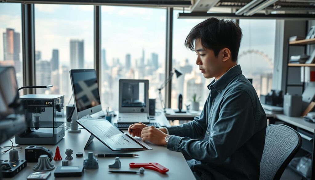 A well-lit, photorealistic scene of a young, Japanese-looking industrial designer's workspace. In the foreground, the designer sits at a desk, intently sketching concepts for a new product on a tablet. The middle ground features a 3D printer and computer workstation, with various tools and prototypes scattered around. The background showcases large windows overlooking a cityscape, bathing the room in natural light. The overall atmosphere is focused, innovative, and slightly technical, reflecting the daily tasks and responsibilities of an industrial designer.