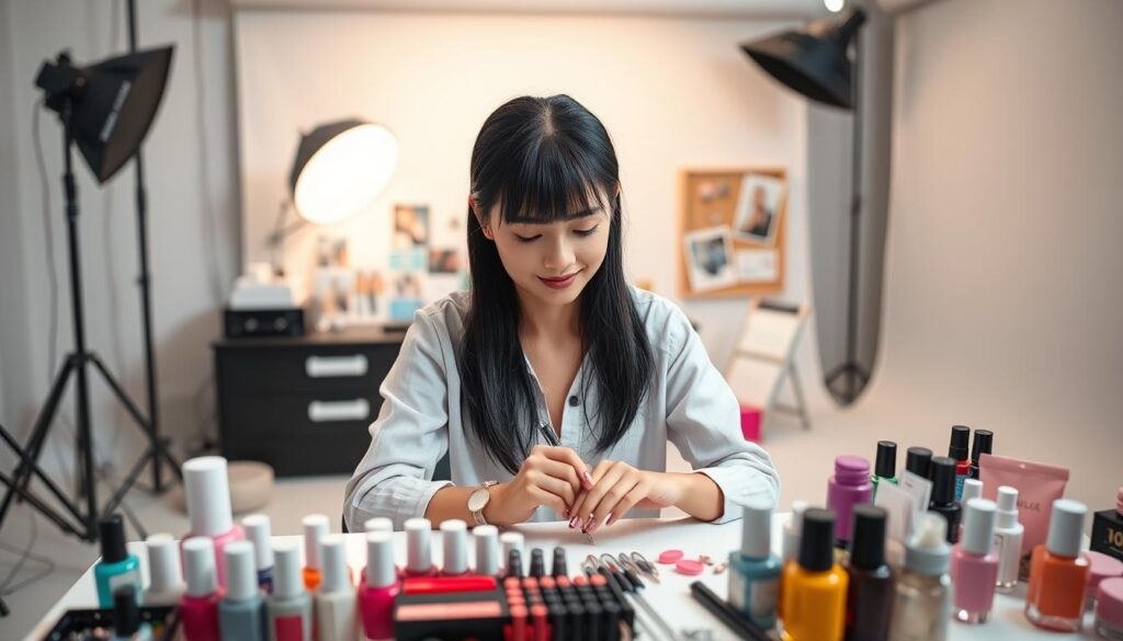 A well-lit professional photography studio with a clean white backdrop. In the foreground, a young Japanese woman with sleek black hair and a focused expression, seated at a nail art workstation. Surrounded by an array of colorful nail polish bottles, tools, and accessories. The woman's hands are delicately applying intricate nail designs, showcasing her expertise as a skilled nail artist. In the middle ground, inspirational mood boards and reference materials are visible, hinting at the strategic planning and creative vision driving her career. The lighting casts a warm, aspirational glow, emphasizing the woman's confidence and determination to succeed in the nail art industry.