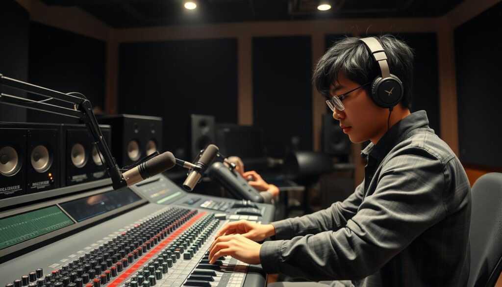 A well-lit professional recording studio with a large mixing console, multiple microphones, and headphones. A young Japanese audio engineer, focused and intent, meticulously adjusting knobs and sliders on the console, fine-tuning the sound. Behind them, an array of speakers, monitors, and cables create a complex, technical atmosphere. Soft, directional lighting casts dramatic shadows, conveying the serious nature of the audio editing process. The scene exudes a sense of precision, expertise, and dedication to the craft of sound engineering.