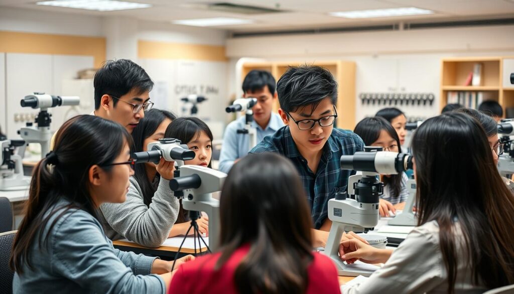 A well-lit, realistic classroom scene depicting a group of young, Japanese-looking students intently focused on their optometry education program. The foreground features a diverse group of students working with advanced optical equipment and examining each other's eyes, conveying the hands-on, technical nature of the curriculum. The middle ground showcases an instructor guiding the students, providing a sense of mentorship and guidance. The background depicts a modern, well-equipped optometry lab with state-of-the-art diagnostic machines and learning resources, establishing the high-quality educational environment. The overall mood is one of serious academic pursuit, with a touch of youthful energy and dedication to the field of optometry.