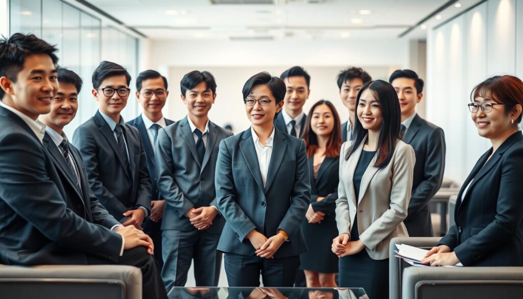A well-lit, realistic group photograph of a diverse team of young, Japanese-looking men and women, dressed professionally in business attire, engaged in a job interview or assessment process for a ground staff position at an airport. The scene is set in a clean, modern office environment with sleek furnishings and minimalist decor. The candidates appear focused and confident, with warm expressions, subtly interacting with each other and the interviewers. The lighting is natural, with soft shadows and highlights, creating a professional yet approachable atmosphere. The composition is balanced, drawing the viewer's attention to the center of the frame where the key interactions take place.