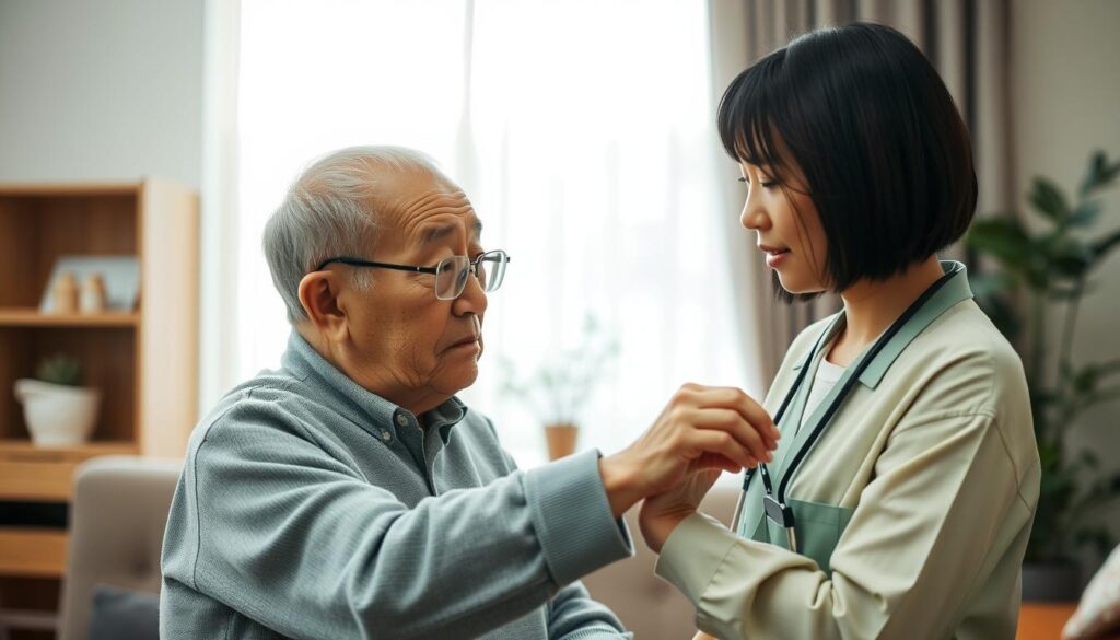 A well-lit, realistic interior scene of a home care worker carefully assisting an elderly Japanese client in their living room. The worker, a young Japanese woman with short dark hair, is attentively monitoring the client's safety while performing a routine task like helping them with medication or mobility. The scene conveys a sense of diligence, care, and attention to detail, highlighting the importance of safety management in home healthcare. The lighting is soft and natural, emphasizing the warmth and comfort of the domestic setting. The background features minimal, uncluttered decor to maintain focus on the core interaction.
