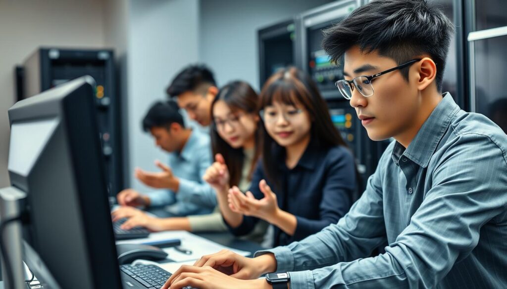 A well-lit, realistic office setting with a team of young, Japanese-looking system administrators diligently working at their desks. In the foreground, a focused IT professional meticulously troubleshoots a computer, brows furrowed in concentration. In the middle ground, colleagues collaborate on server configurations, gesticulating animatedly. The background showcases a rack of servers and networking equipment, hinting at the technical complexity of their roles. The scene exudes a sense of expertise, problem-solving, and the collaborative nature of a system administrator's daily tasks.