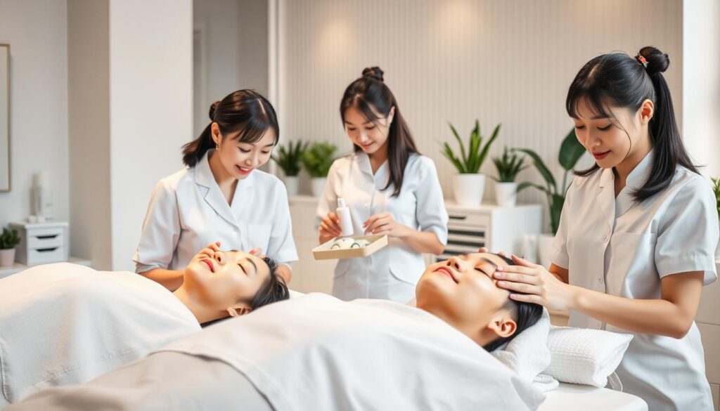 A well-lit, realistic photograph of a group of young, Japanese-looking estheticians in a modern salon setting. The foreground features two estheticians in crisp, white uniforms performing relaxing facial treatments on clients. In the middle ground, a third esthetician is neatly organizing supplies and equipment. The background depicts a calming, minimalist ambiance with soft lighting, clean lines, and potted plants, conveying a sense of professionalism and employee well-being. The image captures the comfortable working environment and the care taken in providing high-quality esthetic services.