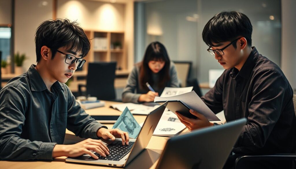 A well-lit, realistic photograph of three young Japanese game creators in a modern office setting. In the foreground, a programmer intently types code on a laptop, their face focused and determined. In the middle ground, a character artist skillfully sketches a 3D model on a tablet, their hands moving with precision. In the background, a level designer pores over game design documents, their expression contemplative. Soft, directional lighting illuminates the scene, capturing the passion and technical expertise of the team. The atmosphere is one of collaborative creativity, as they work together to bring their vision to life.
