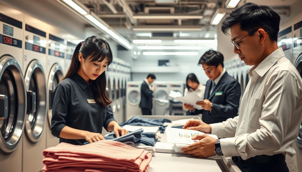 A well-lit, realistic photograph showcasing the inner workings of a successful Japanese dry cleaning business. In the foreground, three young employees, with black hair and Japanese features, are carefully inspecting and folding freshly pressed garments. The middle ground reveals a spotless, modern cleaning facility, with state-of-the-art equipment and an efficient workflow. In the background, a team of managers pore over financial reports, analyzing key performance indicators and strategizing ways to optimize operations and profitability. The scene conveys a sense of precision, diligence, and a deep understanding of the complexities of managing a thriving cleaning enterprise.