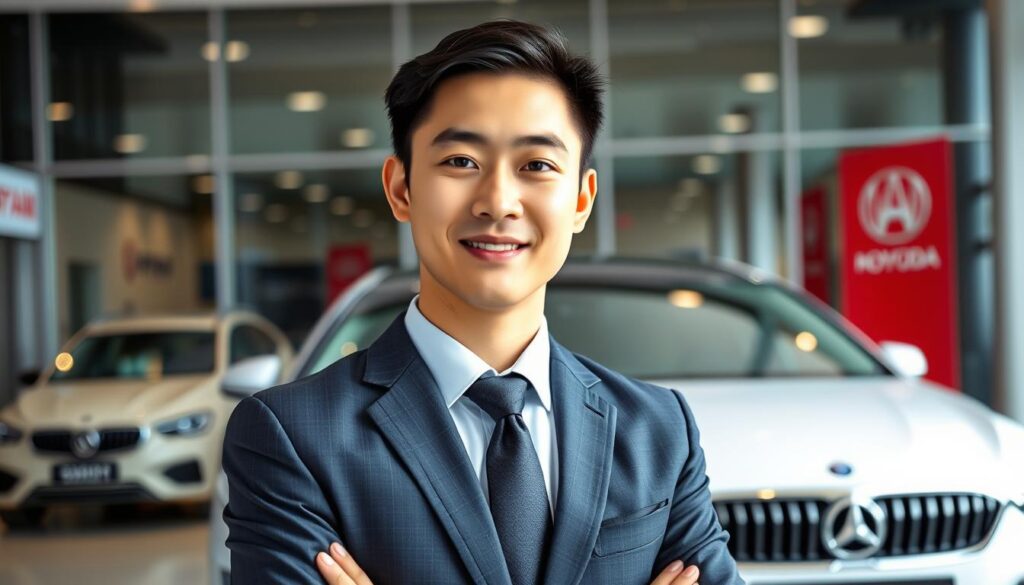 A well-lit, realistic portrait of a young, Japanese-looking sales professional in a formal business suit standing in front of a sleek, modern car dealership showroom. The background is a tasteful blend of glass, chrome, and tasteful branding, creating a sophisticated and authoritative atmosphere. The subject's expression conveys confidence, expertise, and a genuine desire to assist customers. The lighting is natural and flattering, accentuating the subject's features and creating a sense of professionalism and approachability. The overall composition and attention to detail suggest the high standards and attention to customer service required for a successful car sales career.